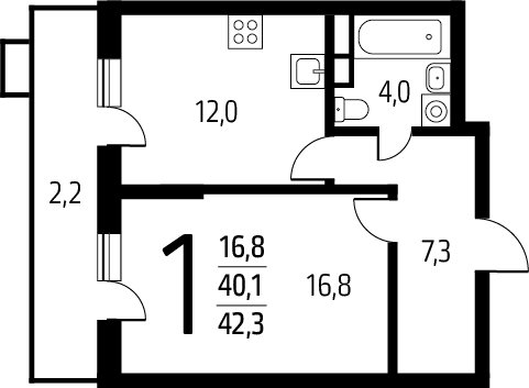 1-комнатная квартира без отделки, 42.3 м2, 3 этаж, сдача 1 квартал 2025 г., ЖК Новые Ватутинки. Заречный, корпус 5/3 - объявление 2272150 - фото №1