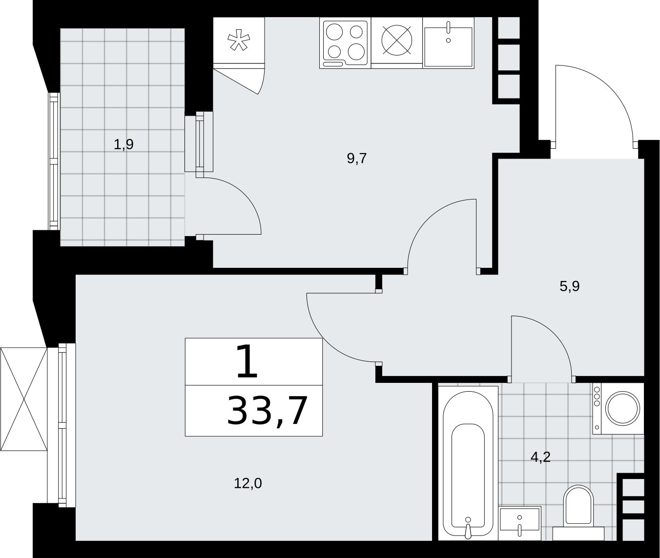 1-комнатная квартира без отделки, 33.7 м2, 13 этаж, сдача 2 квартал 2026 г., ЖК Бунинские кварталы, корпус 5.2 - объявление 2297403 - фото №1