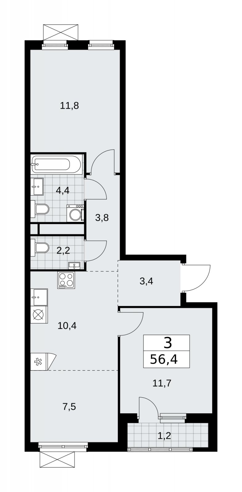 3-комнатная квартира (евро) без отделки, 56.4 м2, 13 этаж, сдача 4 квартал 2025 г., ЖК Прокшино, корпус 11.1.4 - объявление 2257763 - фото №1