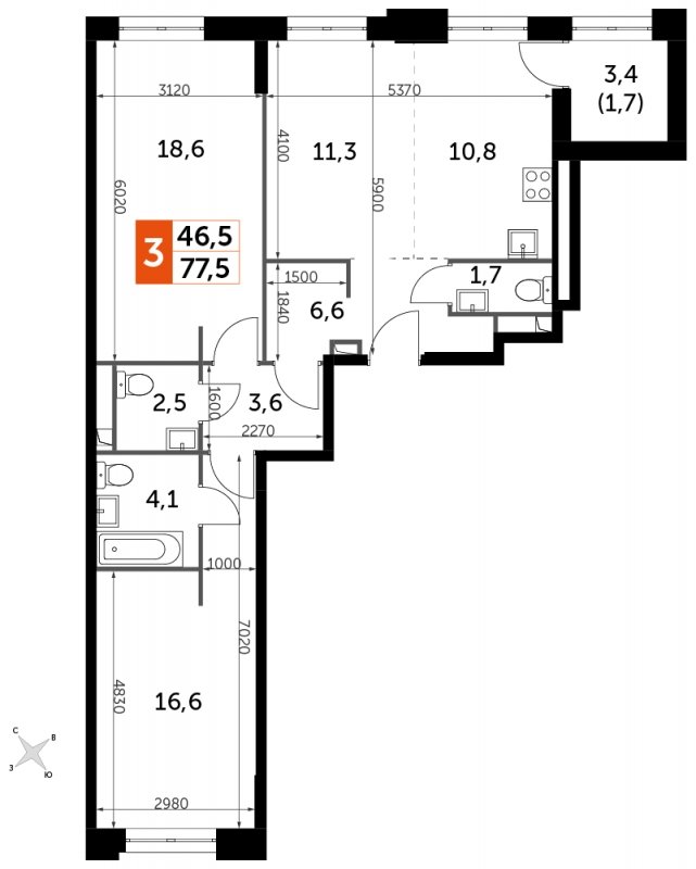 3-комнатная квартира с частичной отделкой, 77.5 м2, 3 этаж, сдача 1 квартал 2023 г., ЖК Sydney City, корпус 1 - объявление 1664187 - фото №1
