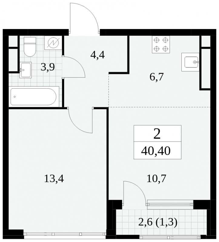 2-комнатная квартира (евро) без отделки, 40.4 м2, 26 этаж, сдача 2 квартал 2025 г., ЖК Южные сады, корпус 2.4 - объявление 1760401 - фото №1