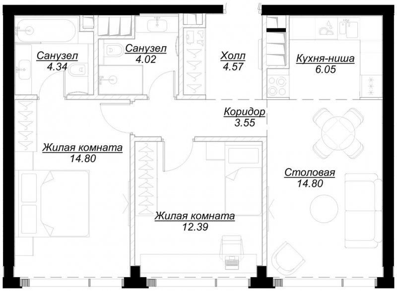 2-комнатная квартира с частичной отделкой, 64.38 м2, 45 этаж, сдача 4 квартал 2024 г., ЖК MOD, корпус Mod.M - объявление 1788342 - фото №1