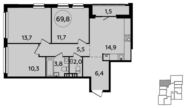 3-комнатная квартира без отделки, 69.8 м2, 8 этаж, сдача 4 квартал 2023 г., ЖК Южные сады, корпус 1.3 - объявление 2019525 - фото №1