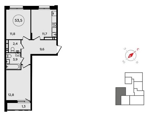 2-комнатная квартира без отделки, 53.5 м2, 11 этаж, сдача 3 квартал 2023 г., ЖК Прокшино, корпус 4.6 - объявление 1498672 - фото №1