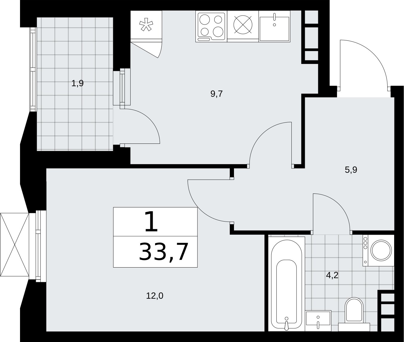 1-комнатная квартира без отделки, 33.7 м2, 16 этаж, сдача 2 квартал 2026 г., ЖК Бунинские кварталы, корпус 5.2 - объявление 2297430 - фото №1