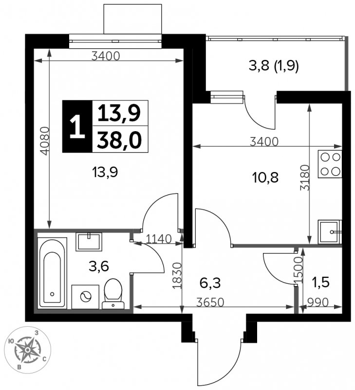1-комнатная квартира с частичной отделкой, 38 м2, 4 этаж, сдача 3 квартал 2023 г., ЖК Южная Битца, корпус 12 - объявление 1713692 - фото №1