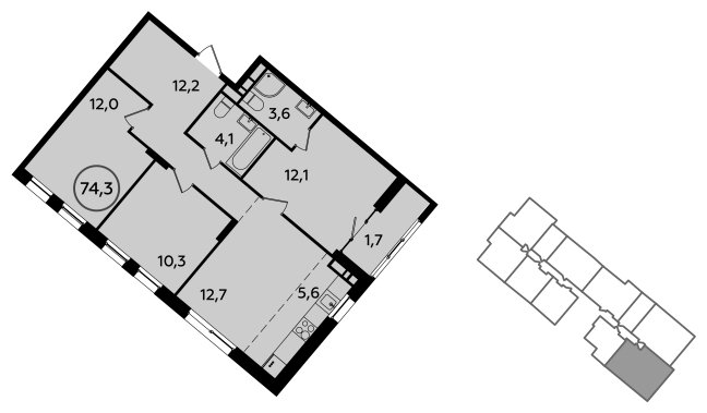 4-комнатная квартира (евро) с частичной отделкой, 74.3 м2, 11 этаж, сдача 2 квартал 2023 г., ЖК Прокшино, корпус 3.2 - объявление 1410978 - фото №1