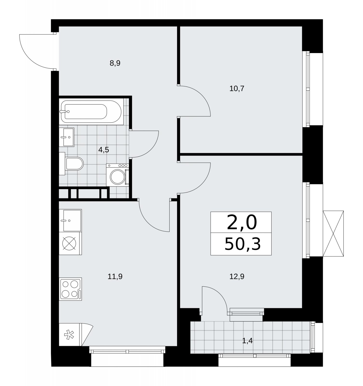 2-комнатная квартира с частичной отделкой, 50.3 м2, 5 этаж, сдача 1 квартал 2026 г., ЖК Бунинские кварталы, корпус 6.3 - объявление 2252654 - фото №1