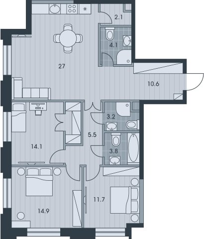 4-комнатная квартира с частичной отделкой, 98 м2, 26 этаж, дом сдан, ЖК EVER, корпус 3 - объявление 2413877 - фото №1