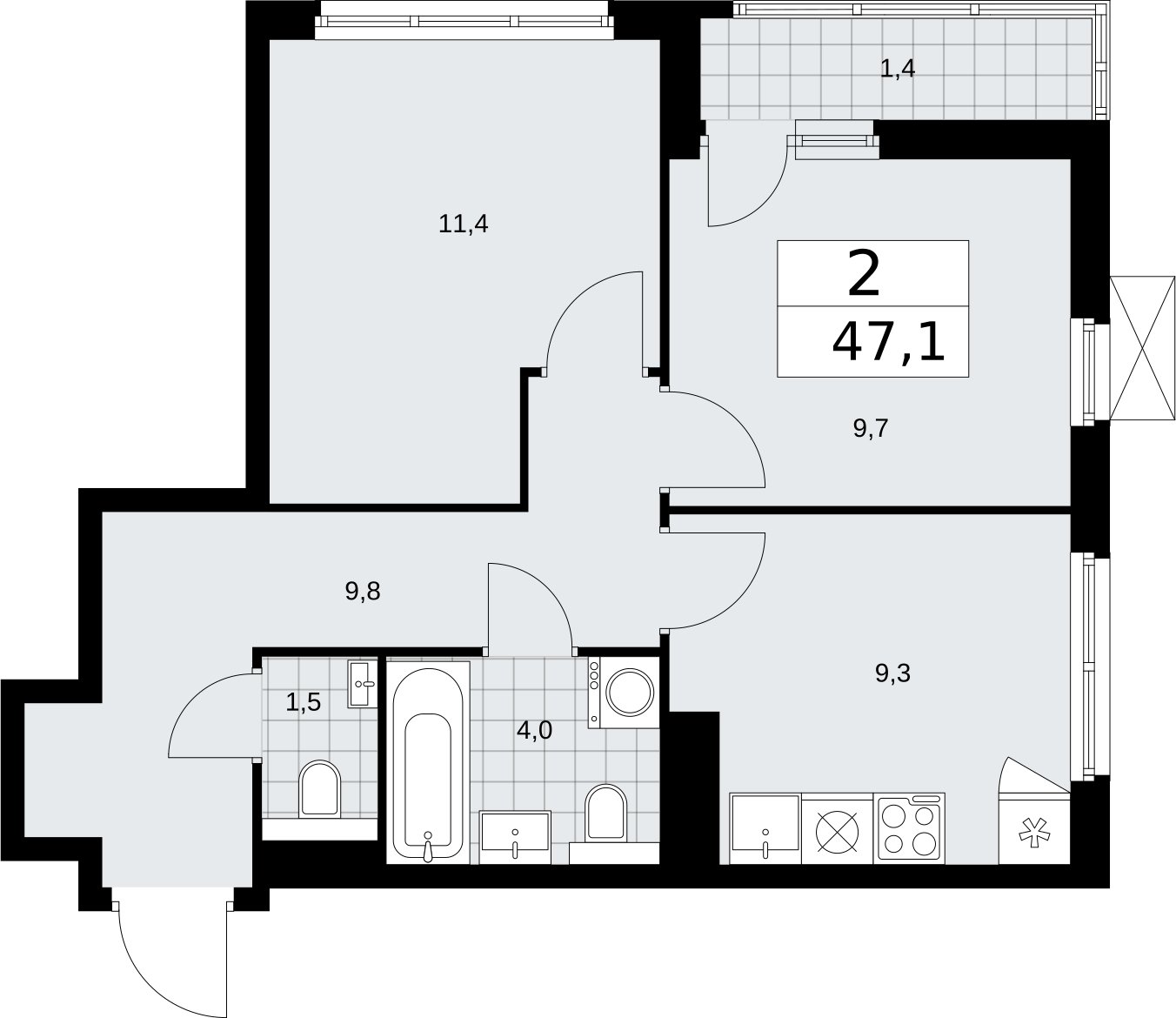 2-комнатная квартира с полной отделкой, 47.1 м2, 12 этаж, сдача 2 квартал 2026 г., ЖК Бунинские кварталы, корпус 7.1 - объявление 2319298 - фото №1