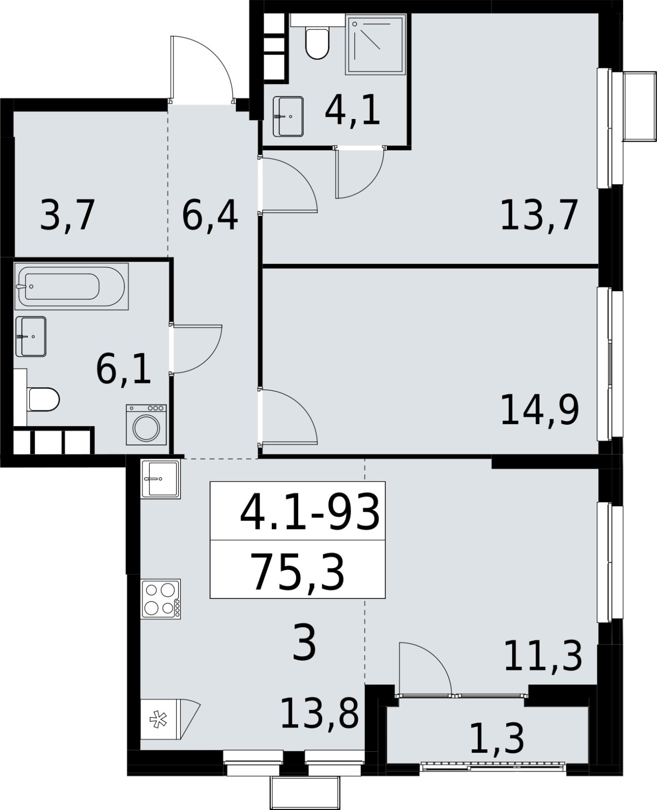 3-комнатная квартира (евро) с полной отделкой, 75.3 м2, 17 этаж, сдача 2 квартал 2027 г., ЖК Южные сады, корпус 4.1.1 - объявление 2392634 - фото №1