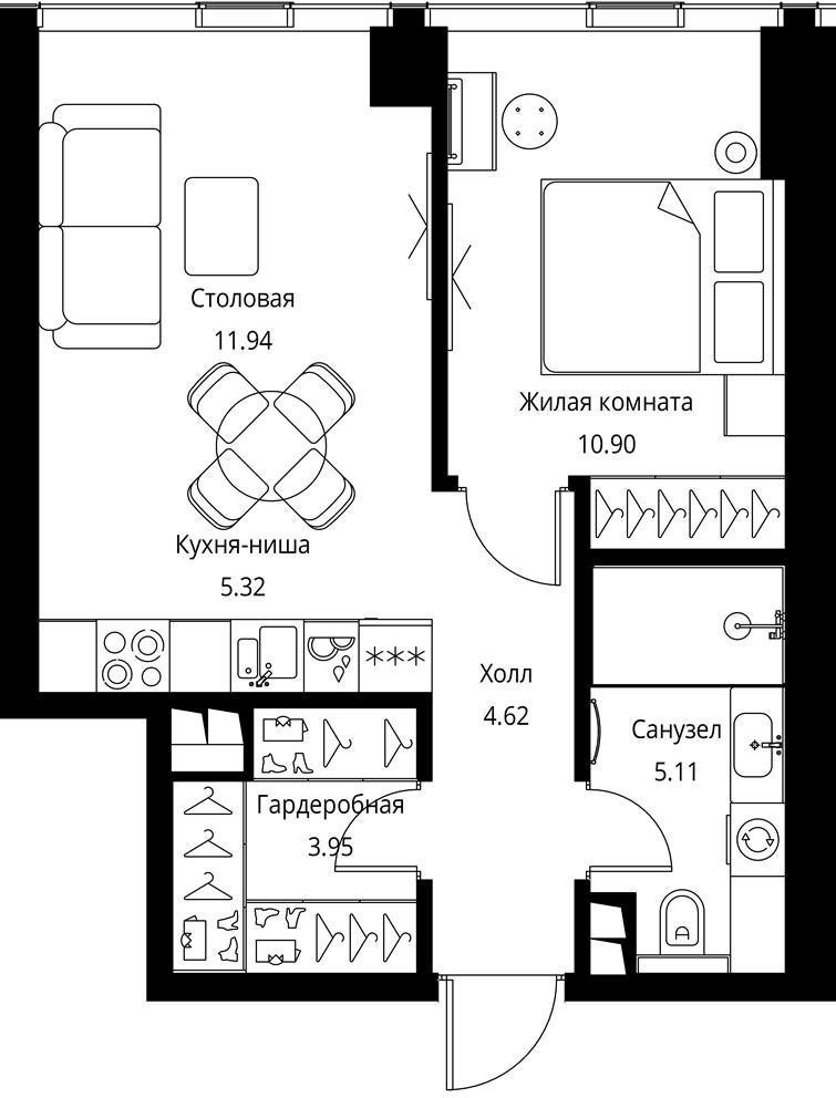 1-комнатная квартира без отделки, 41.84 м2, 2 этаж, сдача 3 квартал 2026 г., ЖК City Bay, корпус North Ocean 1 - объявление 2332278 - фото №1