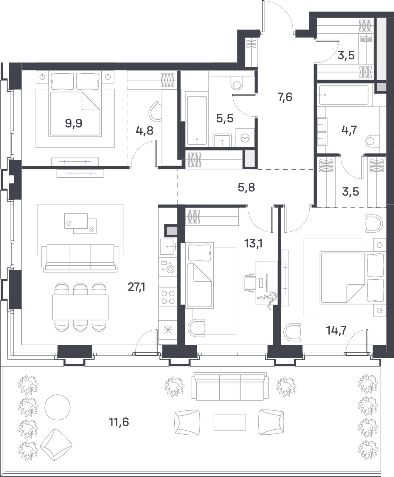 3-комнатная квартира 111.8 м2, 4 этаж, сдача 4 квартал 2025 г., ЖК Portland, корпус 4 - объявление 2350331 - фото №1