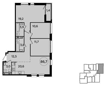 3-комнатная квартира без отделки, 86.7 м2, 22 этаж, сдача 1 квартал 2024 г., ЖК Южные сады, корпус 1.4 - объявление 1512624 - фото №1