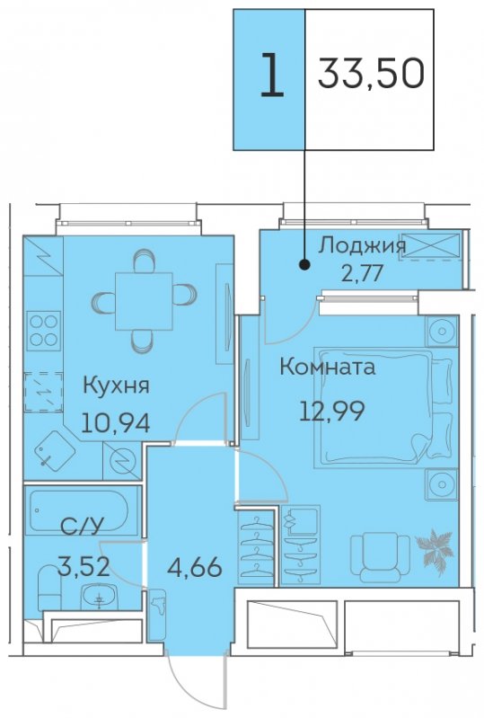 1-комнатная квартира с частичной отделкой, 33.5 м2, 13 этаж, сдача 3 квартал 2023 г., ЖК Аквилон BESIDE, корпус 1 - объявление 1577820 - фото №1