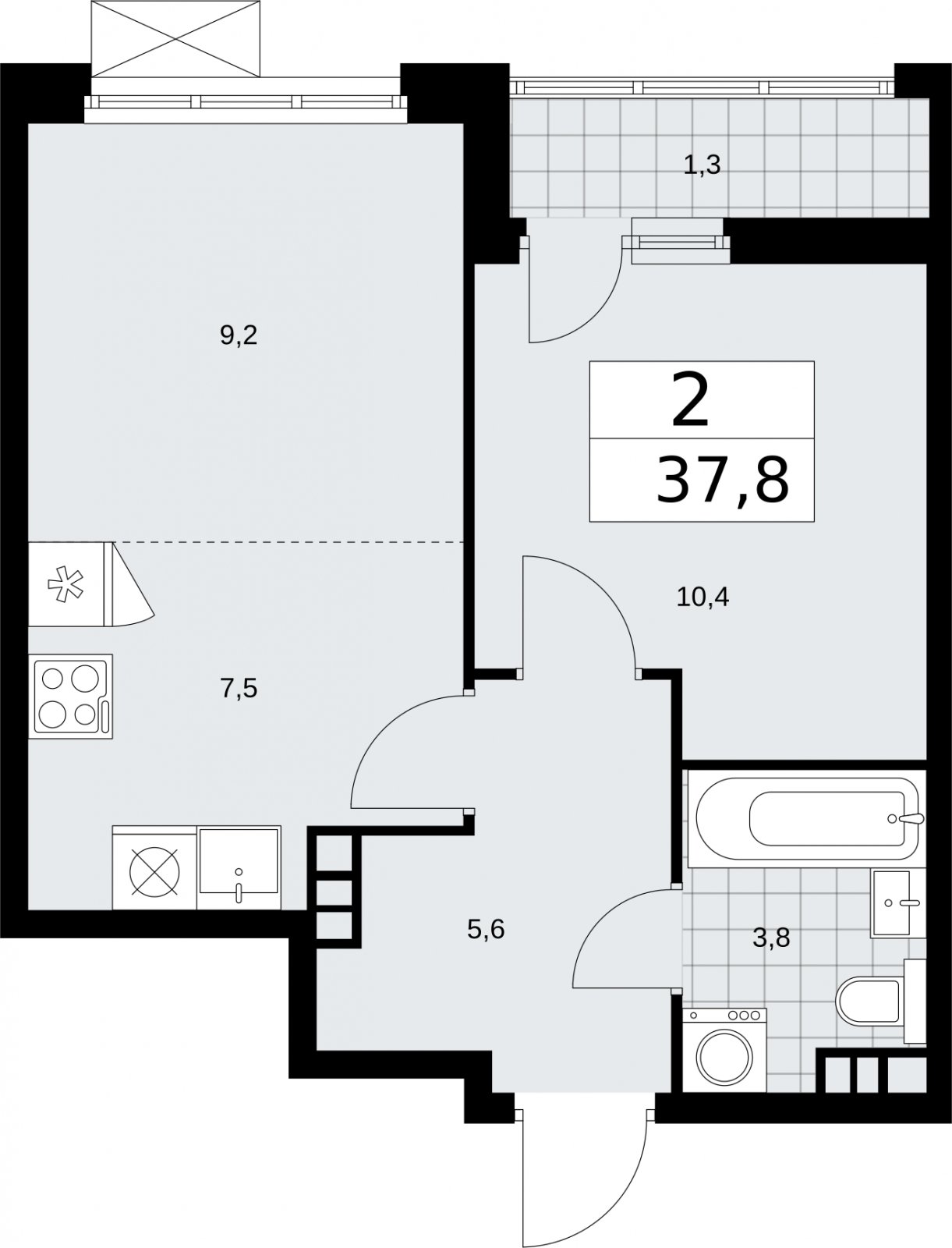 2-комнатная квартира (евро) с частичной отделкой, 37.8 м2, 4 этаж, сдача 2 квартал 2026 г., ЖК Бунинские кварталы, корпус 5.1 - объявление 2297199 - фото №1