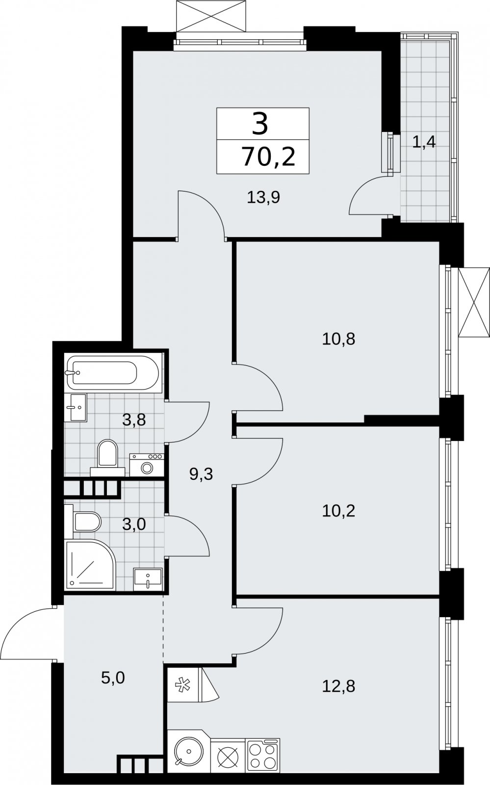 3-комнатная квартира с частичной отделкой, 70.2 м2, 4 этаж, сдача 2 квартал 2026 г., ЖК Бунинские кварталы, корпус 5.1 - объявление 2297201 - фото №1
