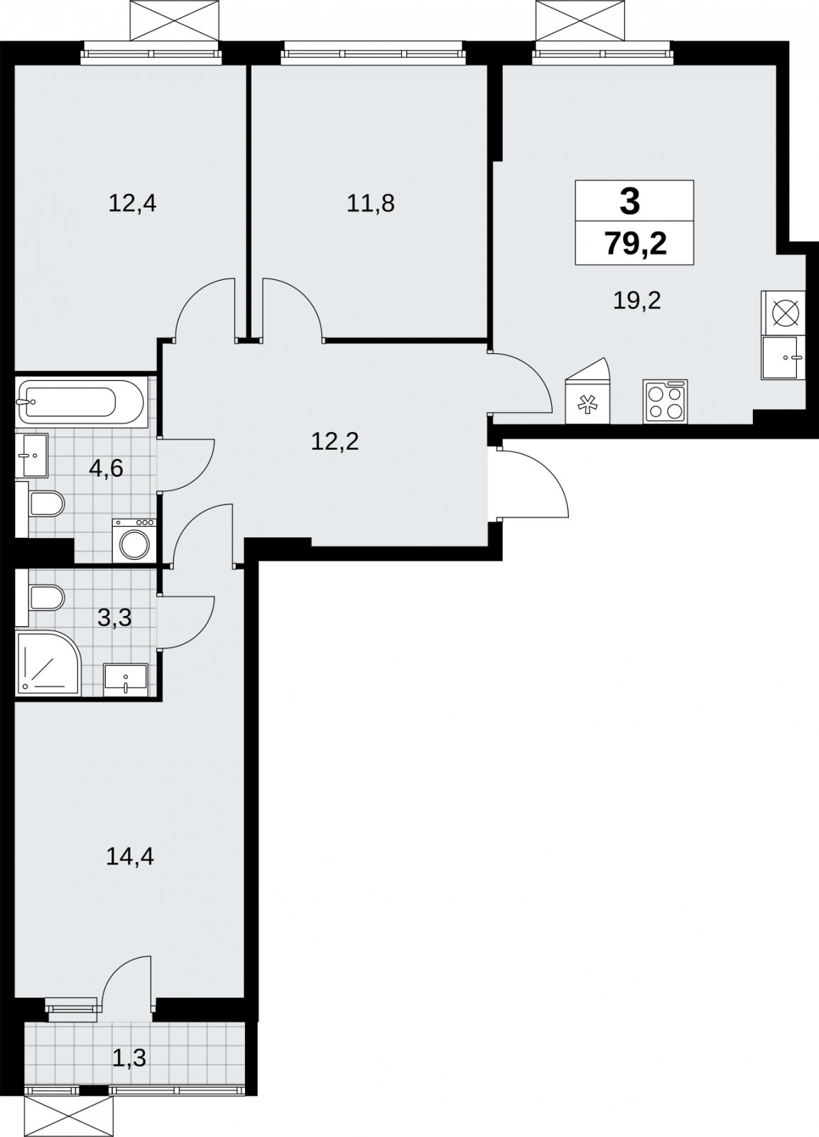 3-комнатная квартира без отделки, 79.2 м2, 7 этаж, сдача 2 квартал 2026 г., ЖК Бунинские кварталы, корпус 9.1 - объявление 2323978 - фото №1