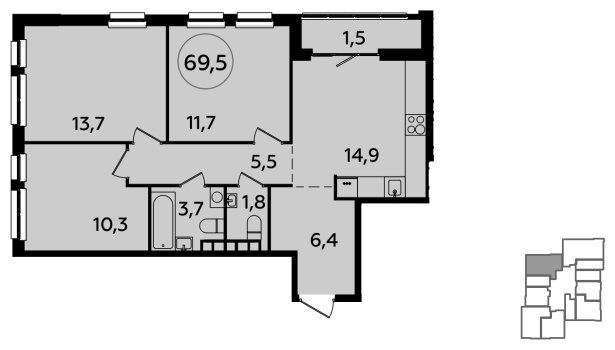 3-комнатная квартира без отделки, 69.5 м2, 21 этаж, сдача 1 квартал 2024 г., ЖК Южные сады, корпус 1.3 - объявление 1512421 - фото №1