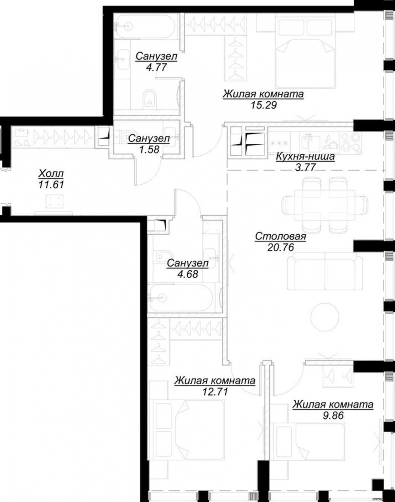3-комнатная квартира с частичной отделкой, 84.77 м2, 28 этаж, сдача 4 квартал 2024 г., ЖК MOD, корпус Camus - объявление 2188858 - фото №1