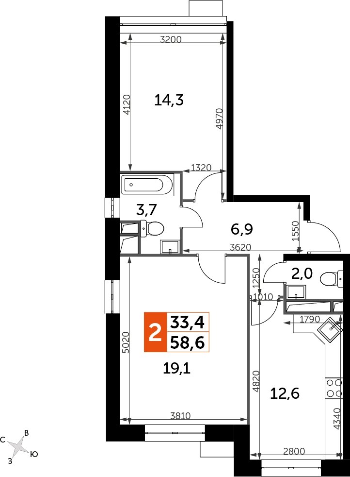 2-комнатная квартира с полной отделкой, 58.6 м2, 15 этаж, сдача 4 квартал 2023 г., ЖК Датский квартал, корпус 2 - объявление 2207617 - фото №1