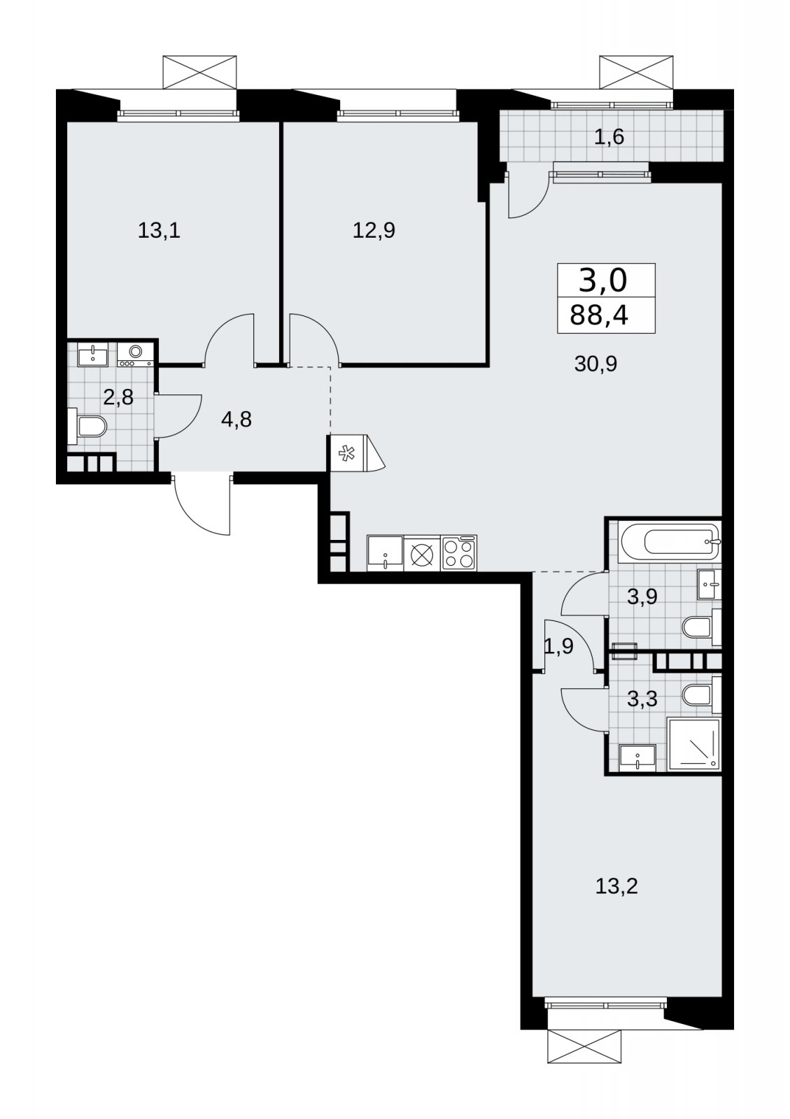 3-комнатная квартира с частичной отделкой, 88.4 м2, 4 этаж, сдача 1 квартал 2026 г., ЖК Бунинские кварталы, корпус 6.2 - объявление 2252532 - фото №1