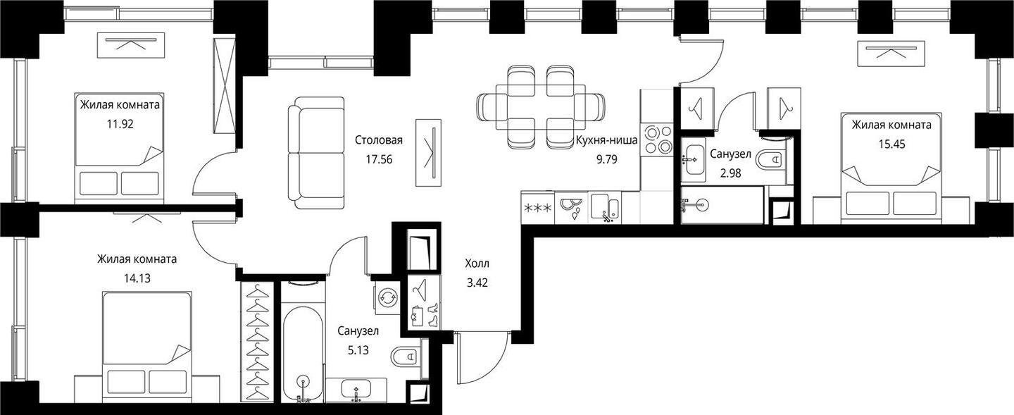 3-комнатная квартира с частичной отделкой, 80.38 м2, 19 этаж, сдача 3 квартал 2026 г., ЖК City Bay, корпус North Ocean 7 - объявление 2240650 - фото №1