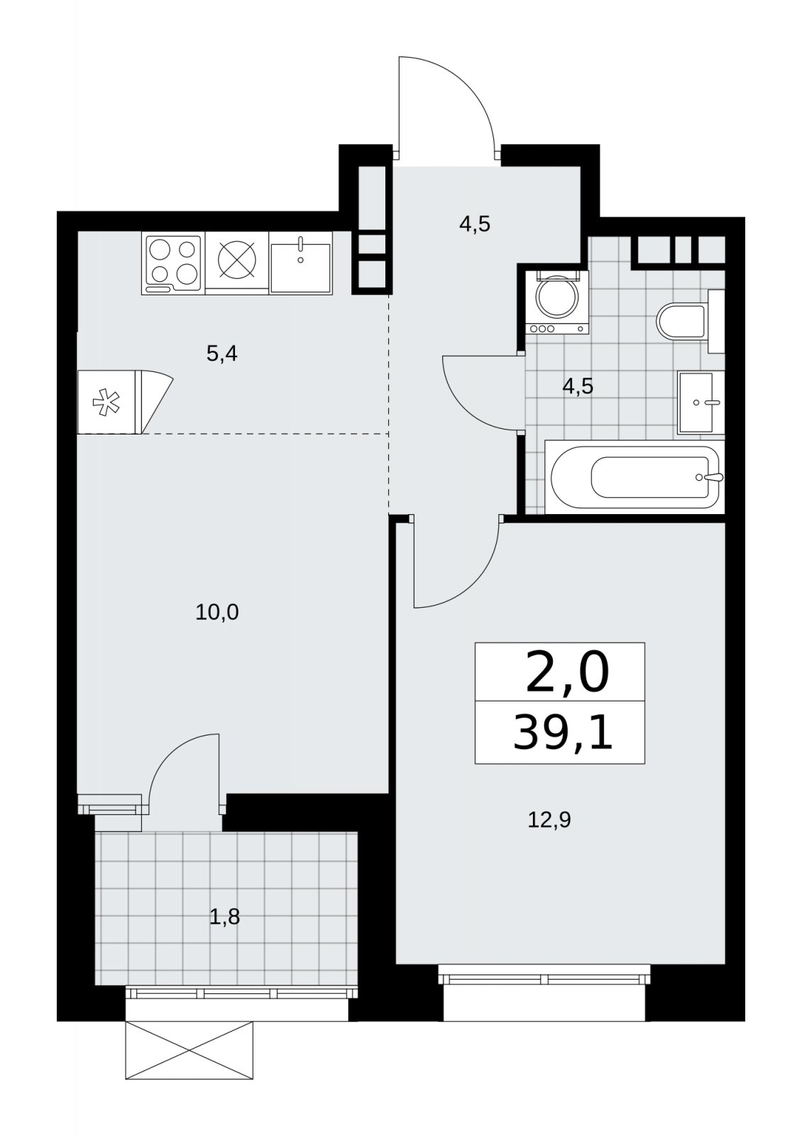 2-комнатная квартира (евро) без отделки, 39.1 м2, 13 этаж, сдача 4 квартал 2025 г., ЖК Бунинские кварталы, корпус 6.5 - объявление 2252839 - фото №1