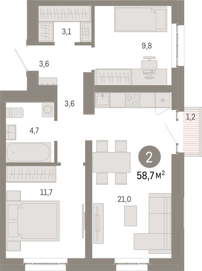 2-комнатная квартира с частичной отделкой, 58.7 м2, 12 этаж, сдача 3 квартал 2026 г., ЖК Квартал Метроном, корпус 1 - объявление 2300643 - фото №1
