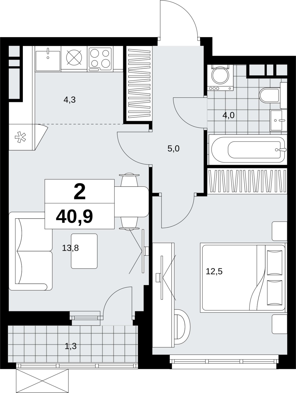 2-комнатная квартира (евро) без отделки, 40.9 м2, 8 этаж, сдача 4 квартал 2026 г., ЖК Скандинавия, корпус 2.18.2.4 - объявление 2351554 - фото №1