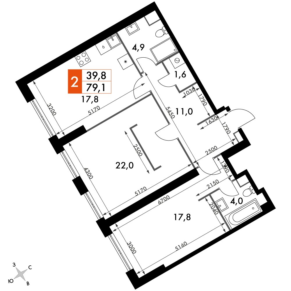 2-комнатная квартира с частичной отделкой, 79.1 м2, 29 этаж, сдача 4 квартал 2023 г., ЖК Архитектор, корпус 3 - объявление 2207486 - фото №1
