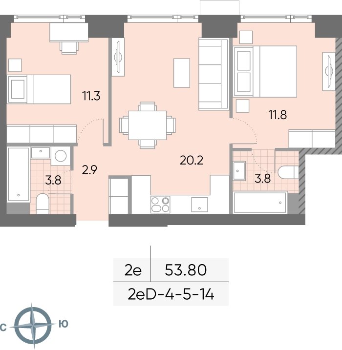 2-комнатная квартира 53.8 м2, 6 этаж, сдача 2 квартал 2026 г., ЖК WAVE, корпус 1 - объявление 2249577 - фото №1
