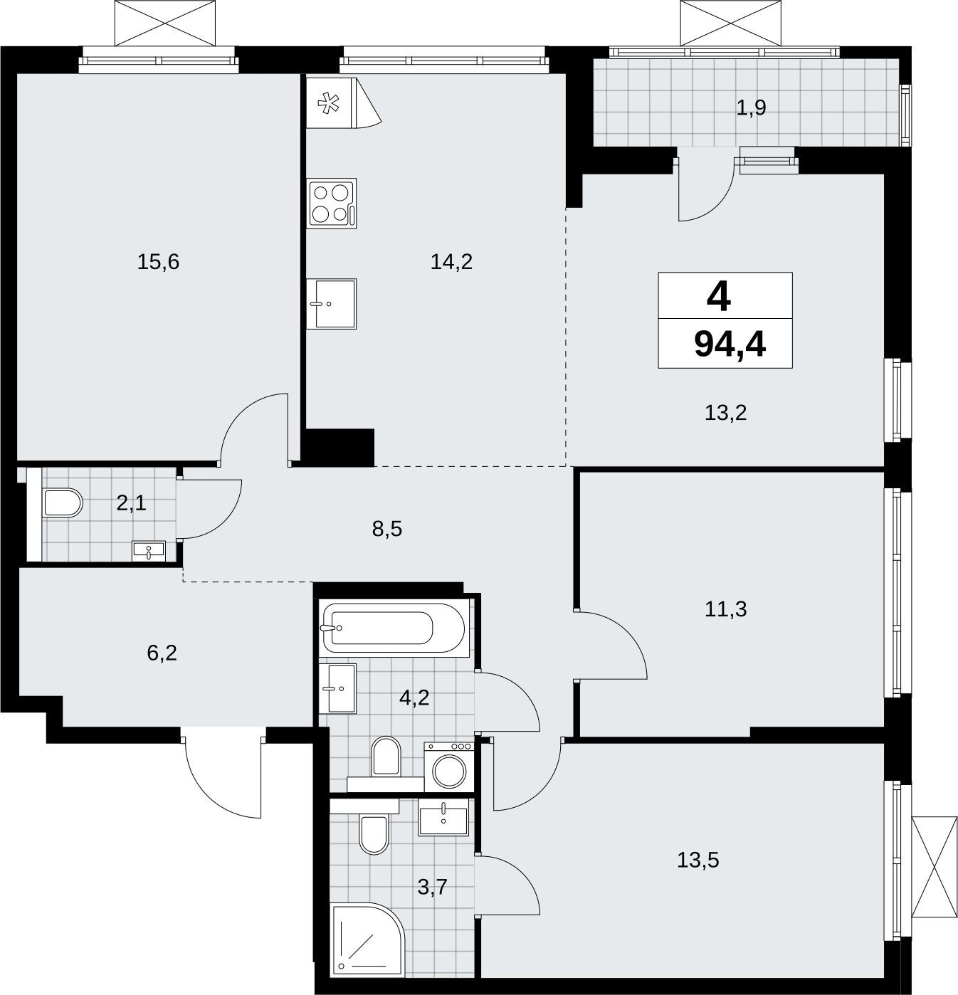 4-комнатная квартира (евро) без отделки, 94.4 м2, 14 этаж, сдача 2 квартал 2026 г., ЖК Бунинские кварталы, корпус 9.2 - объявление 2324264 - фото №1