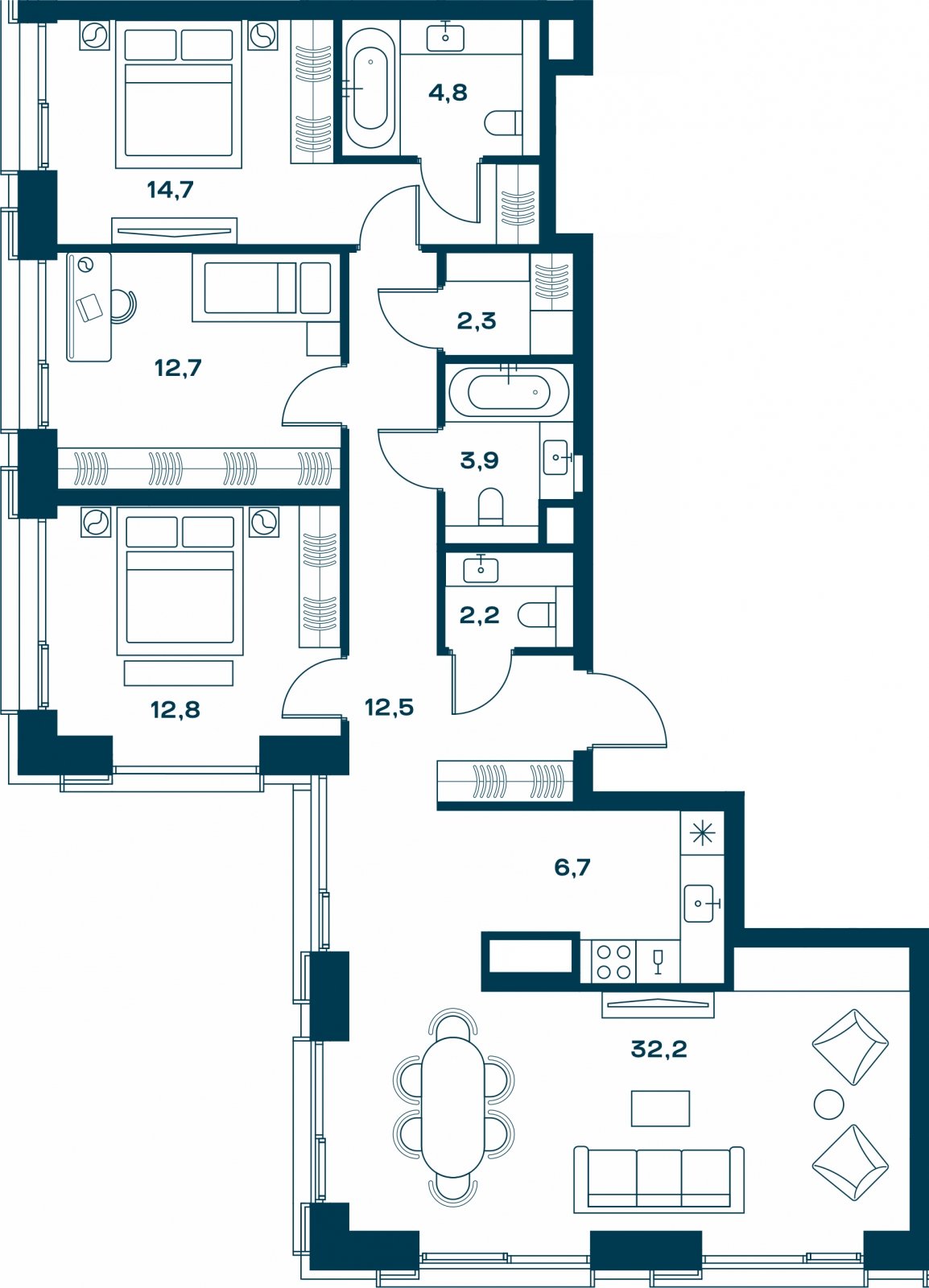 3-комнатная квартира с частичной отделкой, 104.8 м2, 21 этаж, сдача 4 квартал 2026 г., ЖК SOUL, корпус 3 - объявление 2329839 - фото №1