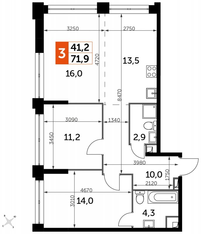3-комнатная квартира без отделки, 71.9 м2, 36 этаж, сдача 1 квартал 2023 г., ЖК Sydney City, корпус 3 - объявление 1710085 - фото №1