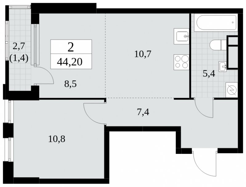 2-комнатная квартира (евро) с полной отделкой, 44.2 м2, 6 этаж, сдача 2 квартал 2025 г., ЖК Южные сады, корпус 2.1 - объявление 1759956 - фото №1