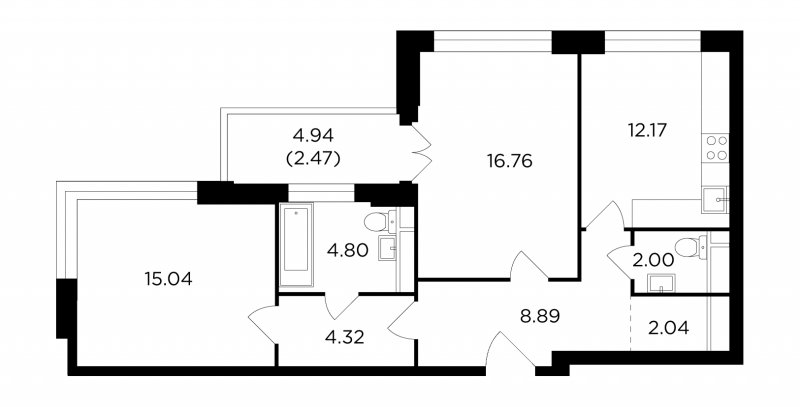 2-комнатная квартира без отделки, 68.77 м2, 26 этаж, дом сдан, ЖК RiverSky, корпус 3 - объявление 1747968 - фото №1