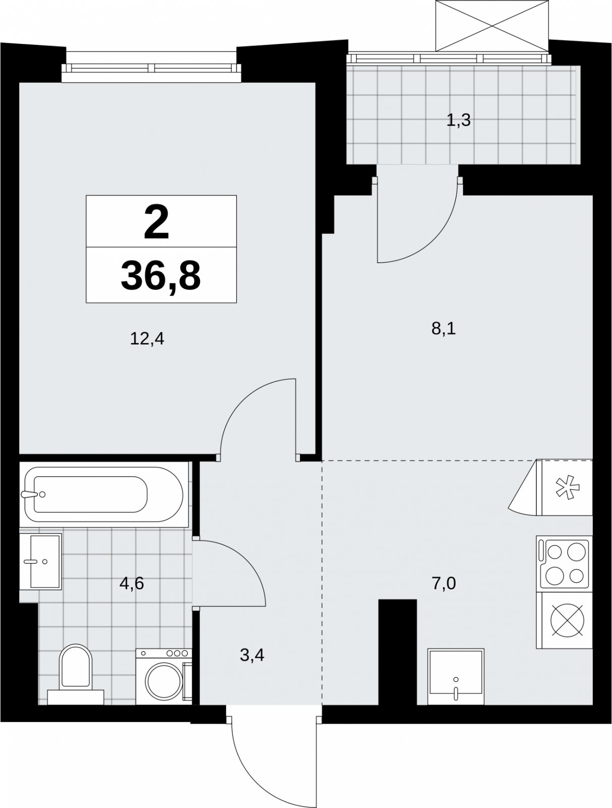 2-комнатная квартира (евро) без отделки, 36.8 м2, 16 этаж, сдача 1 квартал 2026 г., ЖК Дзен-кварталы, корпус 6.2.2 - объявление 2328761 - фото №1
