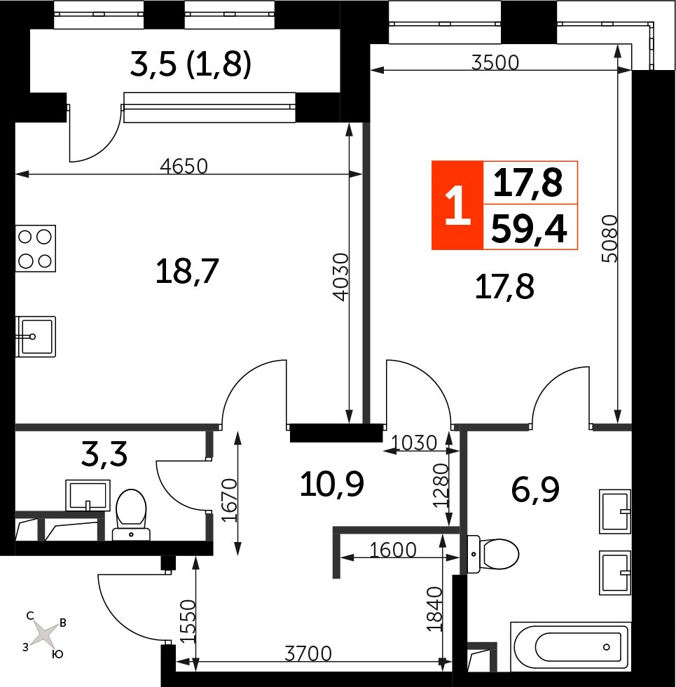 1-комнатная квартира с частичной отделкой, 59.4 м2, 5 этаж, сдача 3 квартал 2024 г., ЖК Sydney City, корпус 2.1 - объявление 2353853 - фото №1