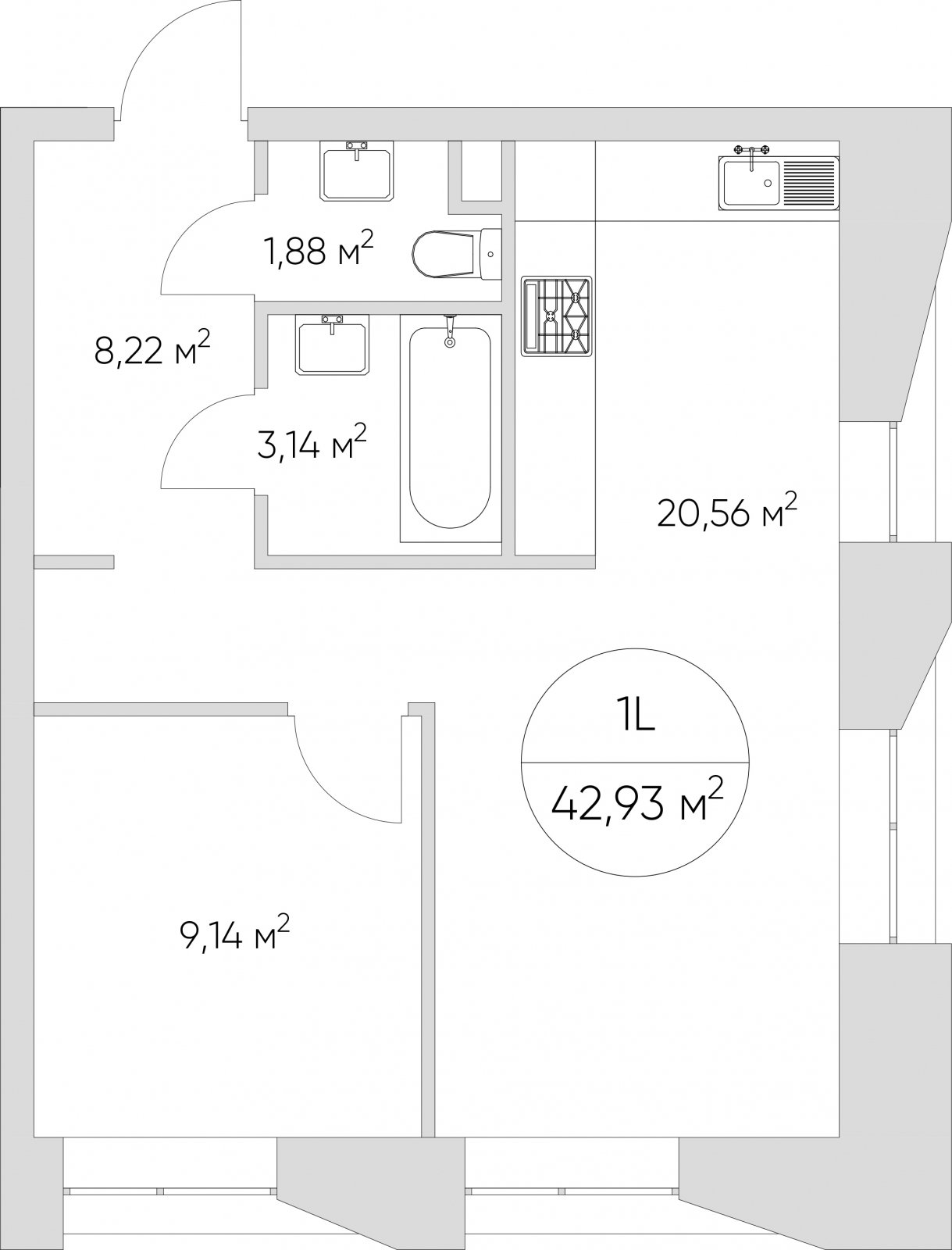 1-комнатные апартаменты без отделки, 42.94 м2, 3 этаж, сдача 1 квартал 2024 г., ЖК N'ICE LOFT, корпус 1 - объявление 2171499 - фото №1