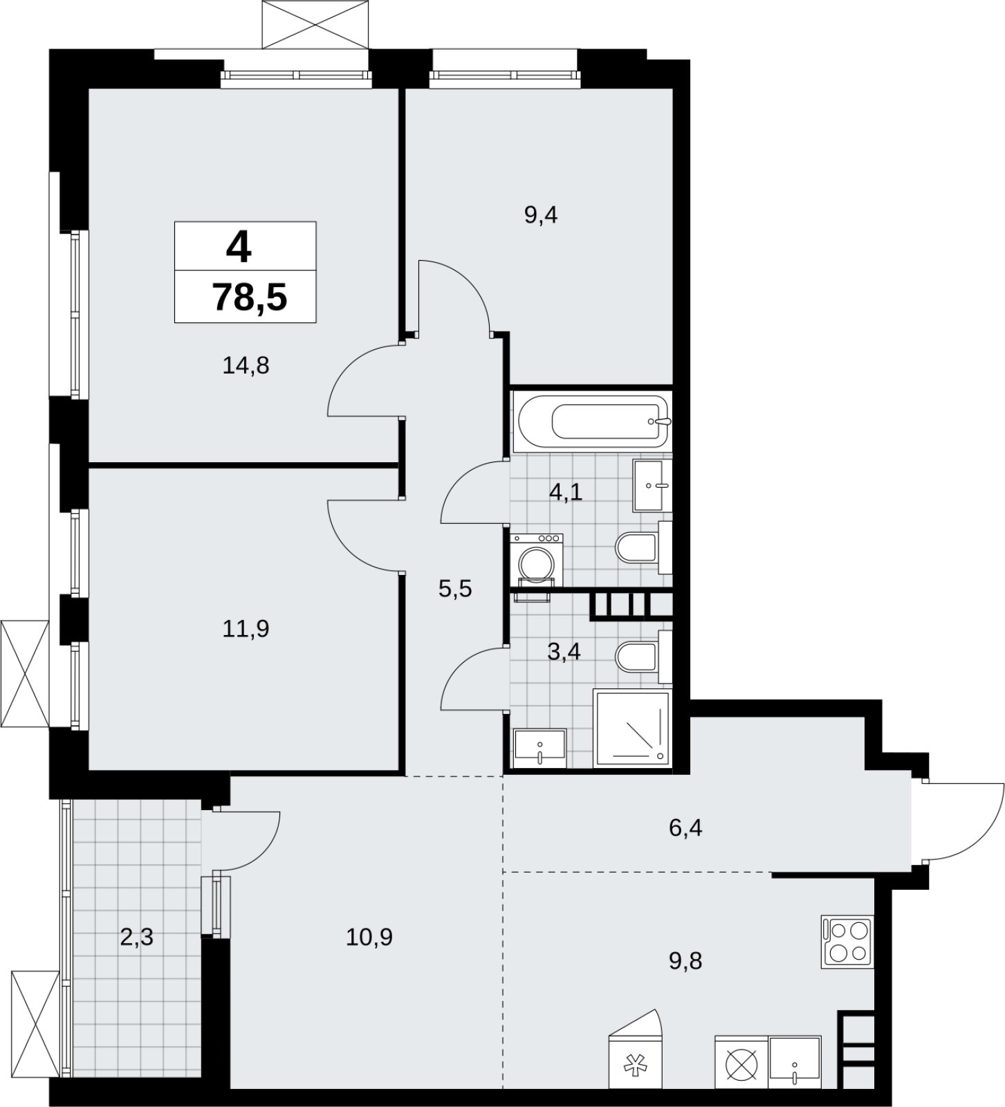 4-комнатная квартира (евро) без отделки, 78.5 м2, 8 этаж, сдача 4 квартал 2026 г., ЖК Скандинавия, корпус 2.18.1.3 - объявление 2350810 - фото №1