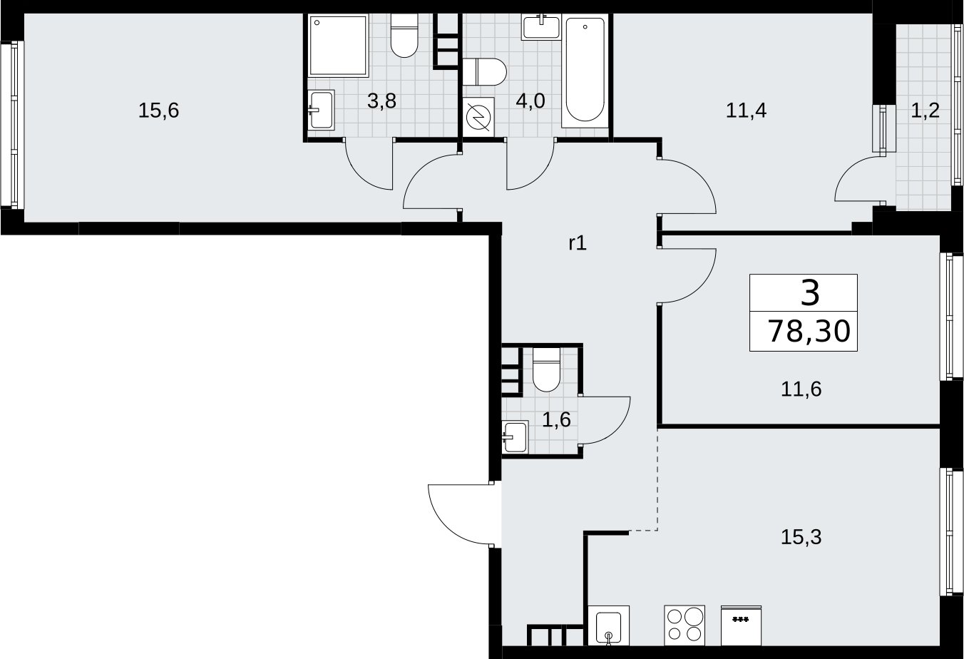 3-комнатная квартира с полной отделкой, 78.3 м2, 4 этаж, сдача 4 квартал 2026 г., ЖК Родные кварталы, корпус 3.3 - объявление 2378555 - фото №1