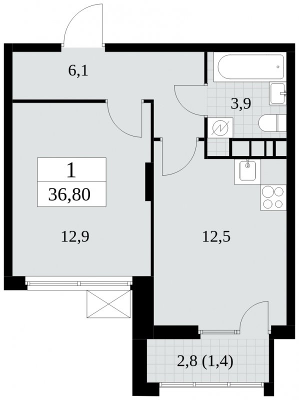 1-комнатная квартира без отделки, 36.8 м2, 6 этаж, сдача 4 квартал 2024 г., ЖК Скандинавия, корпус 2.27.2 - объявление 1840354 - фото №1