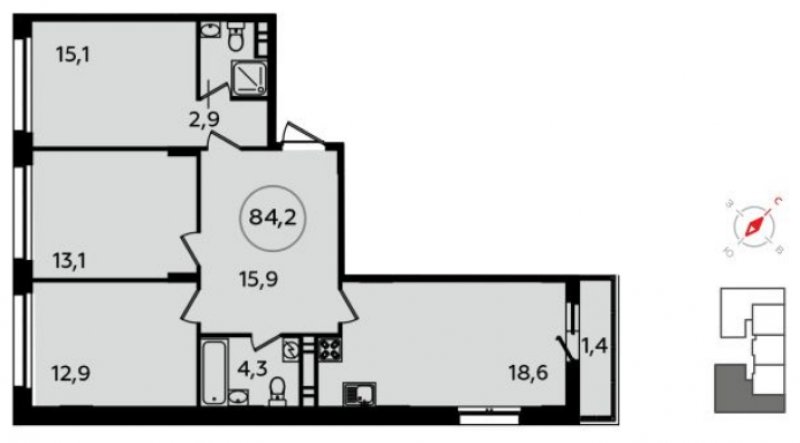 3-комнатная квартира без отделки, 84 м2, 12 этаж, дом сдан, ЖК Скандинавия, корпус 13.1 - объявление 1744490 - фото №1
