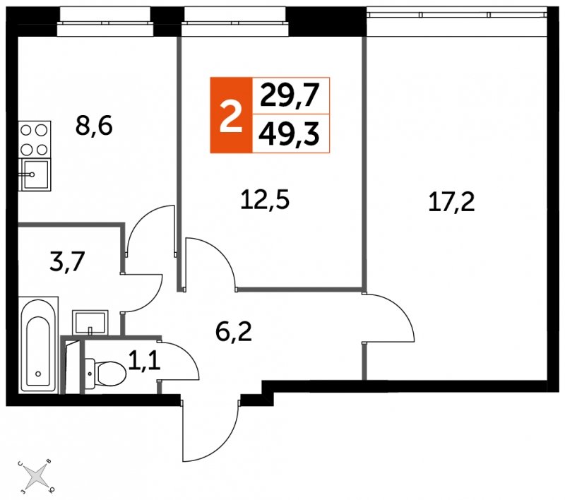 2-комнатная квартира с частичной отделкой, 49.3 м2, 2 этаж, сдача 4 квартал 2023 г., ЖК Датский квартал, корпус 2 - объявление 1568356 - фото №1