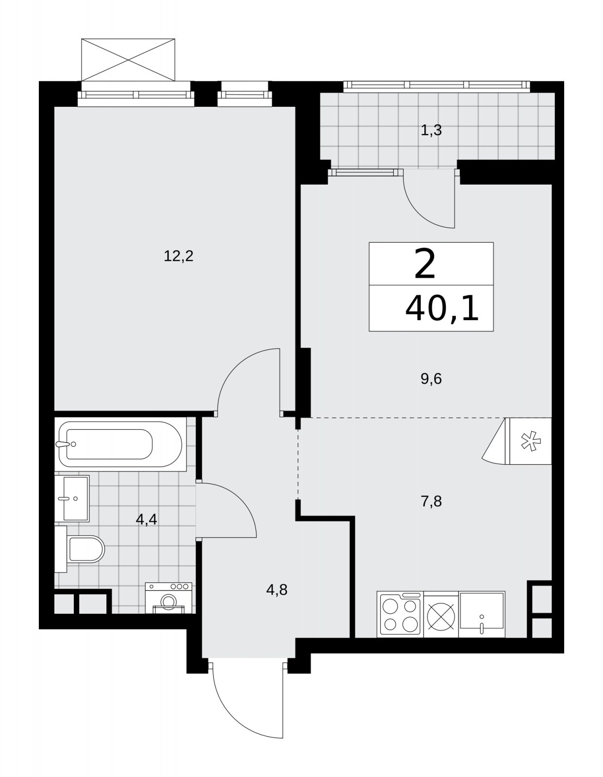2-комнатная квартира (евро) без отделки, 40.1 м2, 3 этаж, сдача 1 квартал 2026 г., ЖК Деснаречье, корпус 4.2 - объявление 2263691 - фото №1