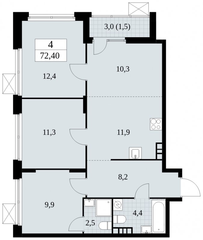 4-комнатная квартира (евро) с частичной отделкой, 72.4 м2, 4 этаж, сдача 4 квартал 2024 г., ЖК Скандинавия, корпус 2.27.1 - объявление 1840198 - фото №1