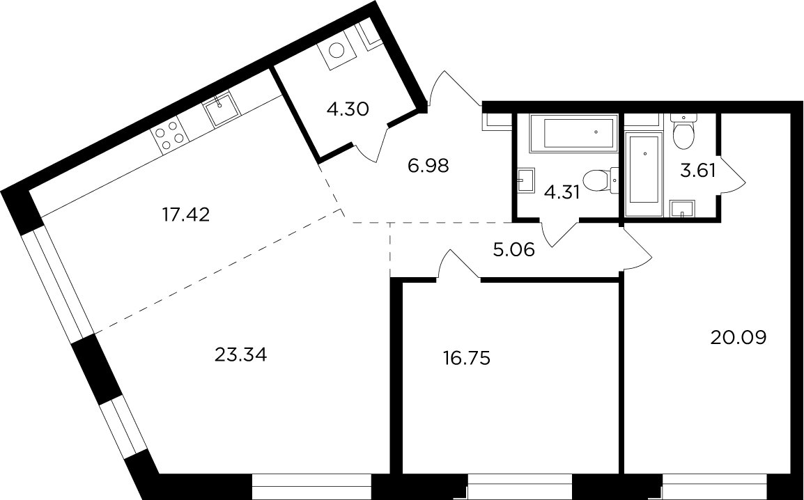 3-комнатная квартира без отделки, 101.87 м2, 14 этаж, дом сдан, ЖК FORIVER, корпус 3 - объявление 2371264 - фото №1