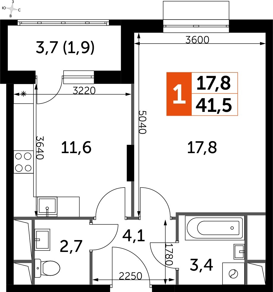 1-комнатная квартира без отделки, 41.5 м2, 9 этаж, дом сдан, ЖК UP-квартал Римский, корпус 7 - объявление 2208657 - фото №1