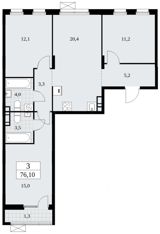 3-комнатная квартира с частичной отделкой, 76 м2, 6 этаж, сдача 3 квартал 2025 г., ЖК Дзен-кварталы, корпус 2.2 - объявление 1932340 - фото №1